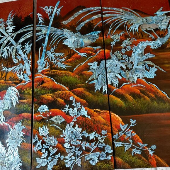 Chinese lacquered panels rooster pheasant bamboo mother of pearl inlay - Picture 8 of 11